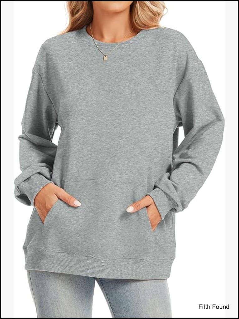 Women's Pockets Crewneck Sweatshirt Long Sleeve Fall Pullover Top Cozy Fleece